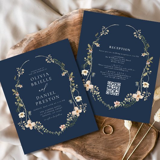 Navy Blue Wildblume QR Code Garden Wedding Flyer