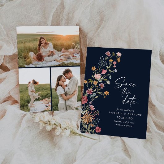 Navy Blue Wildblume Save the Date mit Foto Card