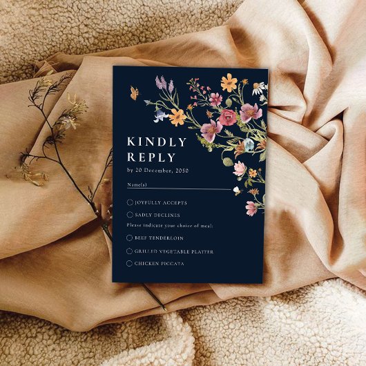 Navy Blue Wildblume Wedding RSVP Card Karte