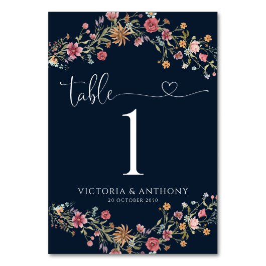 Navy Blue Wildblumen Hochzeiten Tischnummern (Rückseite)