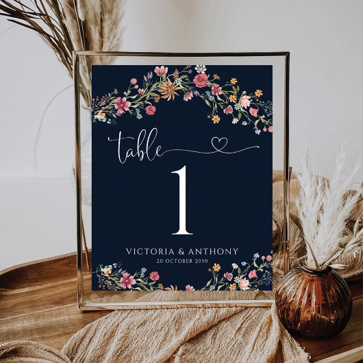 Navy Blue Wildblumen Hochzeiten Tischnummern