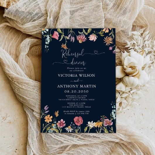 Navy Blue Wildblumen Probe Dinner Einladung
