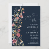 Navy Blue Wildblumen speichern die Datumskarten Einladung (Vorderseite)