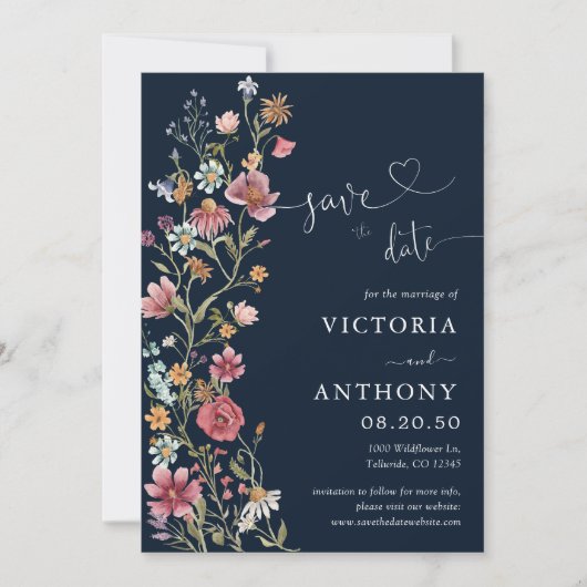Navy Blue Wildblumen speichern die Datumskarten Einladung (Vorderseite)