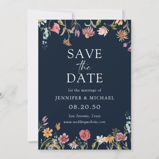 Navy Blue Wildblumen speichern die Datumskarten Einladung (Vorderseite)