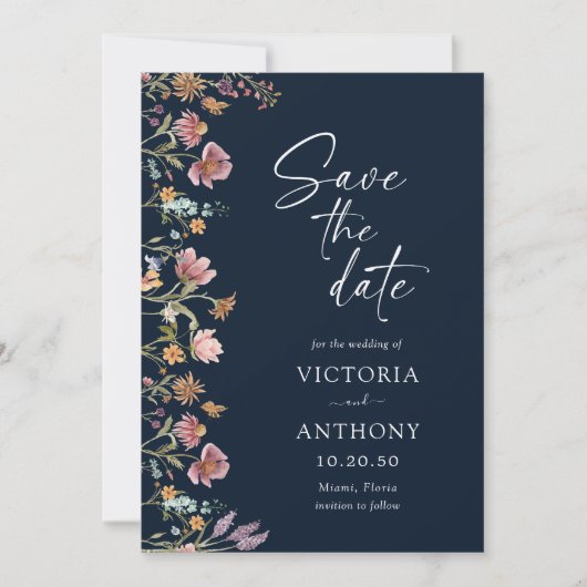 Navy Blue Wildblumen speichern die Datumskarten Save The Date (Vorderseite)