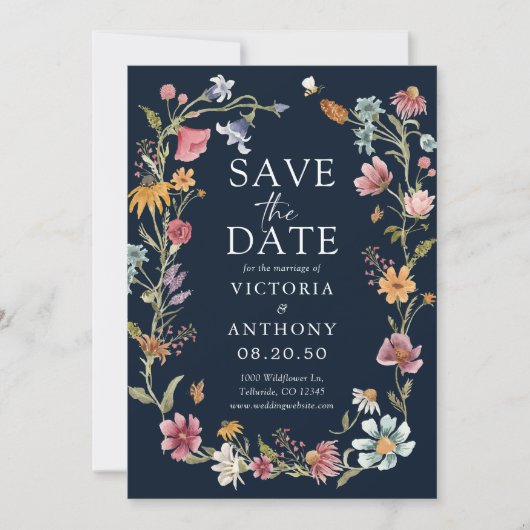 Navy Blue Wildblumen speichern die Datumskarten Save The Date (Vorderseite)