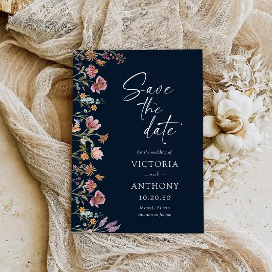 Navy Blue Wildblumen speichern die Datumskarten Save The Date