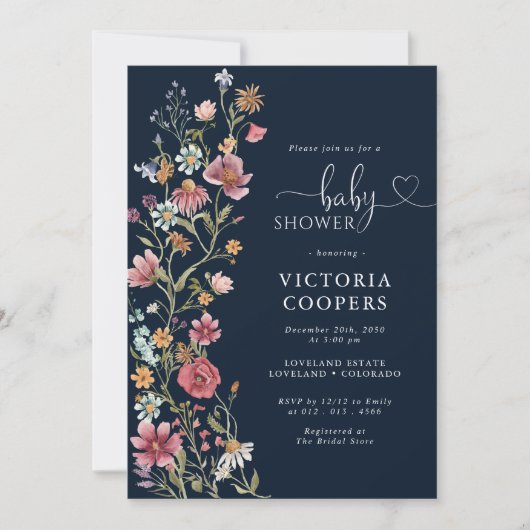 Navy Blue Wildflower Baby Shower Invitation Einladung (Vorderseite)