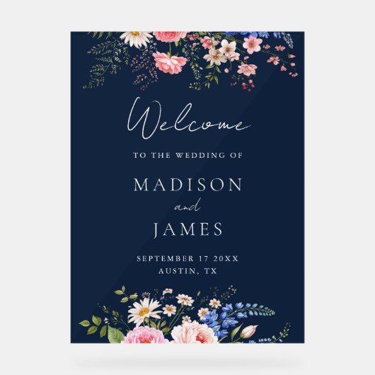 Navy Blue Wildflower Floral Wedding Welcome Acrylschild (Vorderseite)