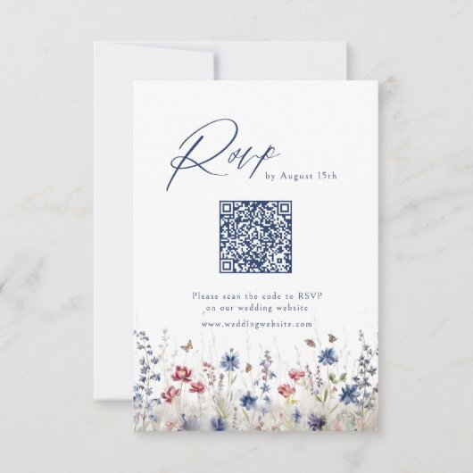 Navy Blue Wildflower Rustic Wedding QR code RSVP Karte (Vorderseite)