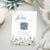 Navy Blue Wildflower Rustic Wedding QR code RSVP Karte