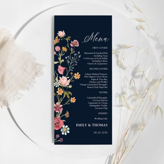 Navy Blue Wildflowers Wedding Menu Menükarte
