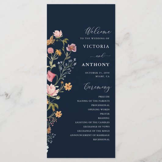Navy Blue Wildflowers Wedding Program Programm (Vorderseite)