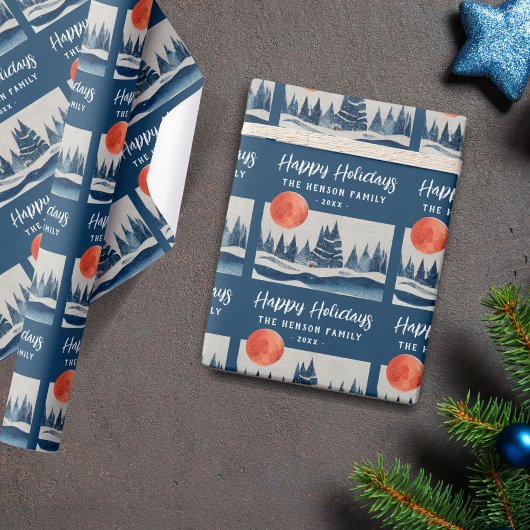 Navy Blue Winter Landscape Forest Moon Drawing  Geschenkpapier