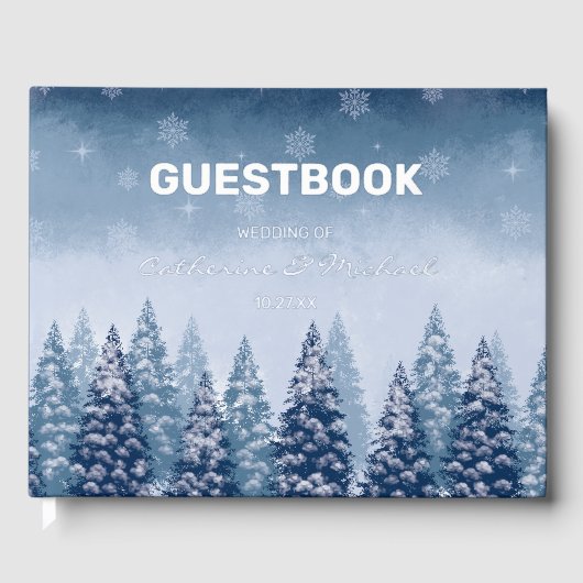 Navy Blue Winter Wonderland Pine Christmas Gästebuch (Vorderseite)