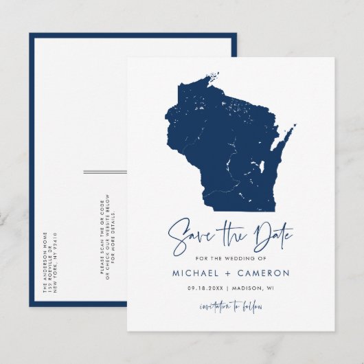 Navy Blue Wisconsin Karte QR-Code Save the Date (Vorne/Hinten)