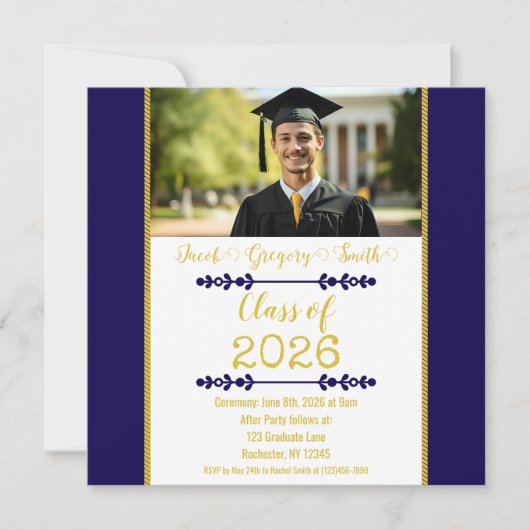 Navy Blue with Gold Graduation Invitation Einladung (Vorderseite)
