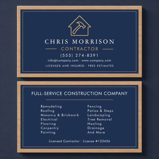 Navy Blue Wood Building Construction Business Card Visitenkarte