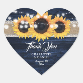 Navy Blue Wood Burlap Lace Sunflower Wedding Favor Herz-Aufkleber