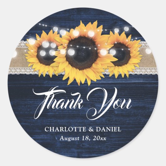 Navy Blue Wood Burlap Lace Sunflower Wedding Runder Aufkleber (Vorderseite)