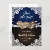 Navy Blue Wood Burlap Lace Wedding retten das Datu Ankündigungspostkarte (Vorne/Hinten)