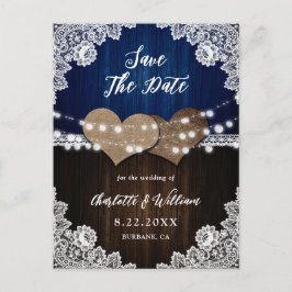 Navy Blue Wood Burlap Lace Wedding retten das Datu Ankündigungspostkarte