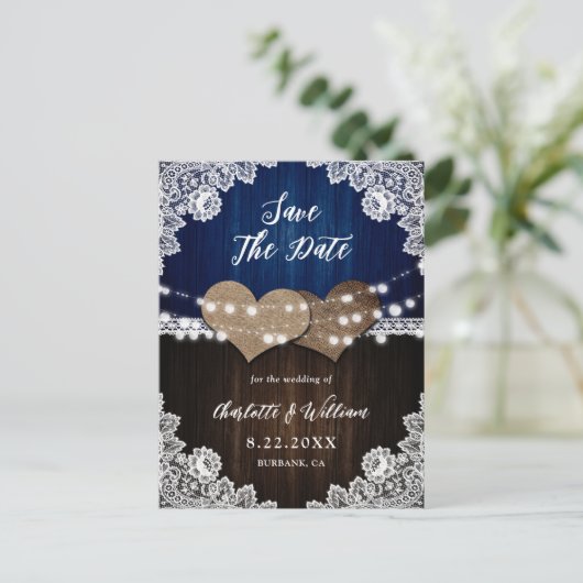 Navy Blue Wood Burlap Lace Wedding retten das Datu Ankündigungspostkarte (Stehend Vorderseite)