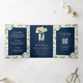 Navy Blue Wood Daisies Mason Jar QR Code Wedding Dreifach Gefaltete Einladung (Innenseite)