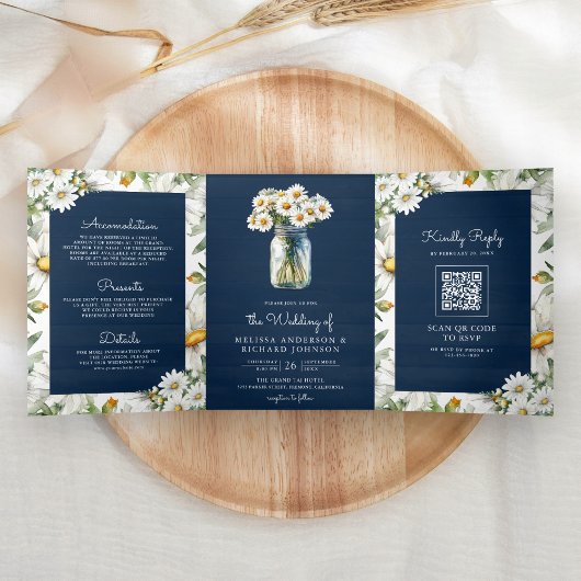 Navy Blue Wood Daisies Mason Jar QR Code Wedding Dreifach Gefaltete Einladung