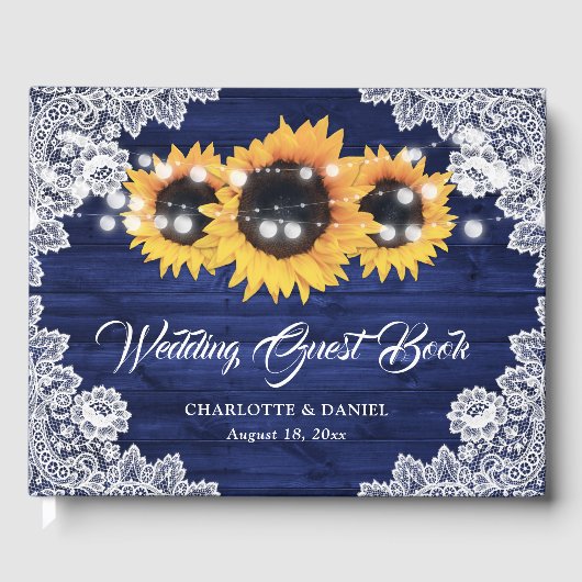 Navy Blue Wood Floral Lace Sunflower Wedding Gästebuch (Vorderseite)