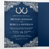 Navy Blue Wood Horseshoes Lace Wedding Foto Dreifach Gefaltete Einladung (Innen Erste Seite)