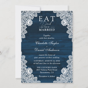 Navy Blue Wood Lace Essen Drink und Verheiratet se Einladung