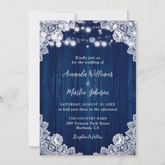 Navy Blue Wood Lace Romantic Rustic Chic Wedding Einladung (Vorderseite)
