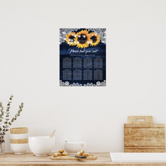 Navy Blue Wood Lace Sunflower Rustic Seating Chart Poster (Küche)