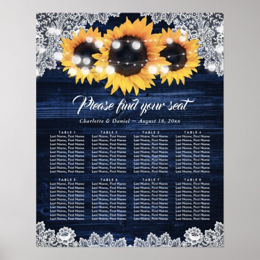 Navy Blue Wood Lace Sunflower Rustic Seating Chart Poster (Vorne)