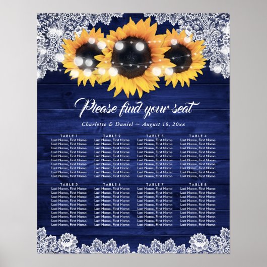 Navy Blue Wood Lace Sunflower Seating Chart Poster (Vorne)