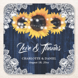 Navy Blue Wood Lace Sunflower Wedding Thank You Rechteckiger Pappuntersetzer