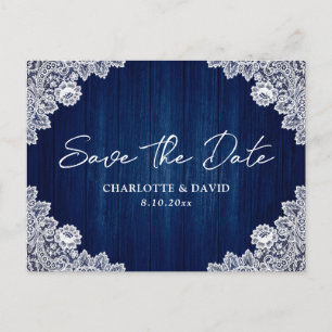 Navy Blue Wood Lace Wedding Save the Date Postcard Ankündigungspostkarte