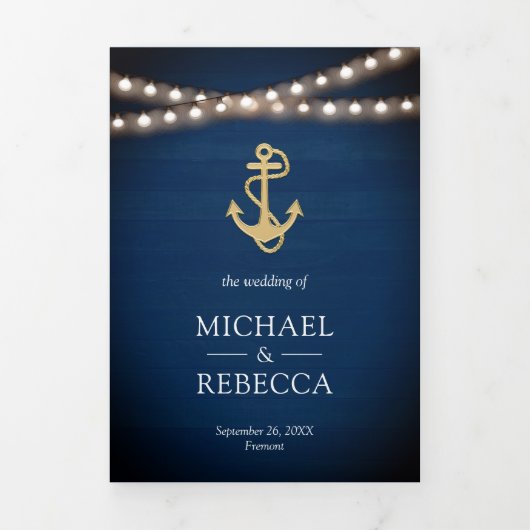 Navy Blue Wood Nautical Gold Anker Lights Hochzeit Dreifach Gefaltete Einladung (Cover)