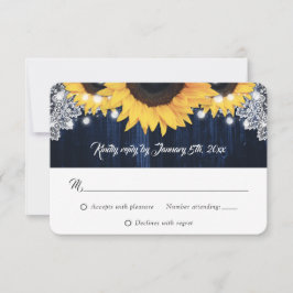 Navy Blue Wood String Lights Sunflower Wedding RSVP Karte