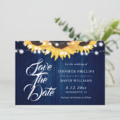 Navy Blue Wood String Lights Sunflower Wedding Save The Date (Stehend Vorderseite)