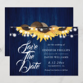 Navy Blue Wood String Lights Sunflower Wedding Save The Date (Vorne/Hinten)