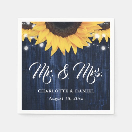 Navy Blue Wood String Lights Sunflower Wedding Serviette (Vorderseite)