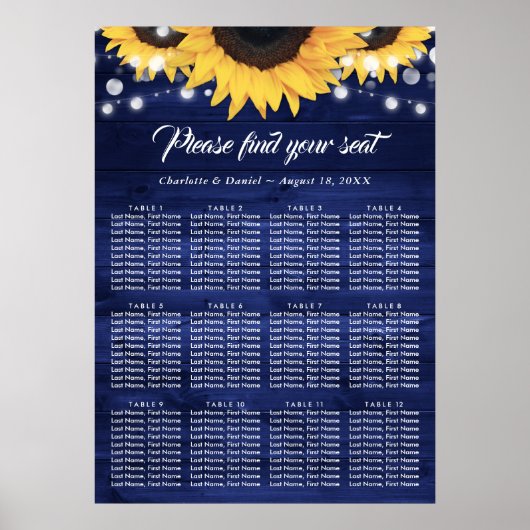 Navy Blue Wood Sunflower Wedding Seating Chart 12 Poster (Vorne)