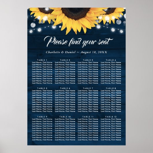 Navy Blue Wood Sunflower Wedding Seating Chart 12 Poster (Vorne)