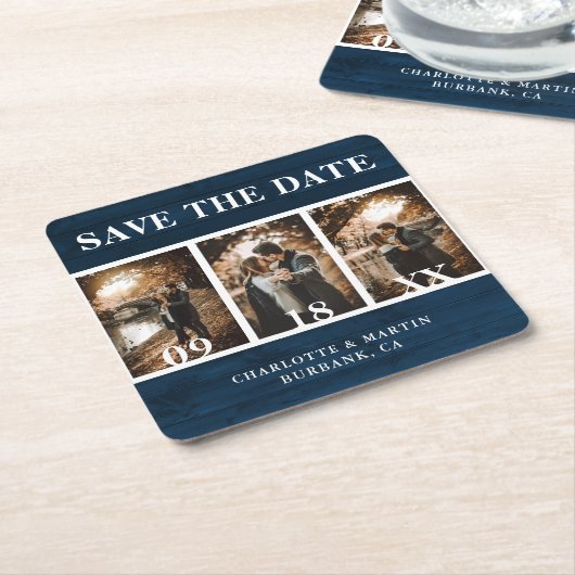Navy Blue Wood Wedding Foto Save the Date Rechteckiger Pappuntersetzer (angewinkelt)