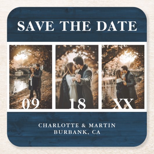 Navy Blue Wood Wedding Foto Save the Date Rechteckiger Pappuntersetzer (Vorderseite)