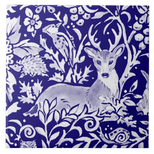 Navy Blue Woodland MURAL Animal Deh Top Links Fliese (Vorderseite)