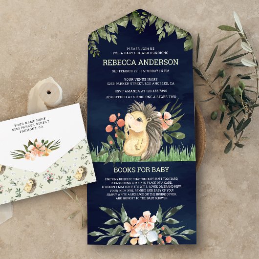 Navy Blue Woodland Niedlich Igel Baby Dusche All In One Einladung